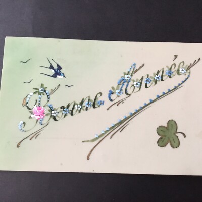 Alte Karte Rhodoid bemalt Frohes Neues Jahr Blumen CPA Hand Painted Post Card