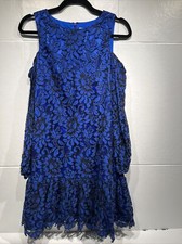 ELIZA J Cobalt Blue Black Floral Corded Lace Cold Shoulder Ruffle Skirt Dress 4