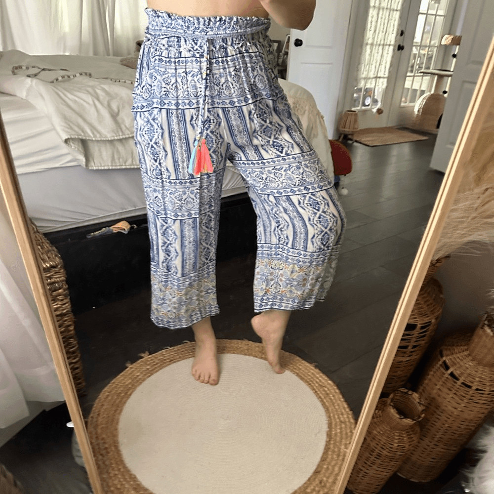 Pantalones Surf Gypsy para mujer medianos con borla con llamaradas azul