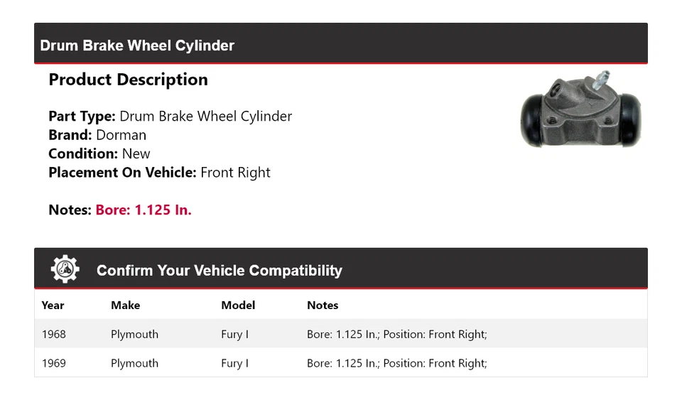 Cilindro de rueda de freno de tambor delantero derecho para Plymouth Fury I Dorman 1968-1969 Foto 2 de 3