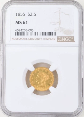 1855 Quarter Eagle US $2 ½ Gold Coin NGC MS 61