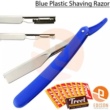 Blue Handle Barber Hair Shaving Razor Plastic Straight Men's Cut Throat + Blades