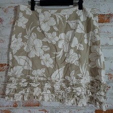 Tommy Bahama Skirt Womens 12 Tan Excellent Linen Floral Ruffle Tropical Boho