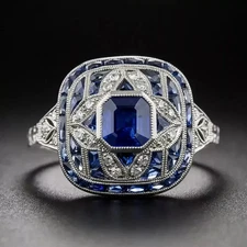 Art Deco Style Lab Created Sapphire Wedding & Engagement 14k White FN Gold Ring
