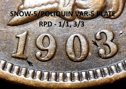 1903 Indian Head Cent - AU+ SNOW-5, POLIQUIN VAR-5 PLATE, REPUNCHED DATE (K999)