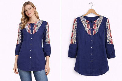 Anthropoligie Agonda Peasant Top Tunic Size 0 by Hei Hei Navy Blue Embroidery
