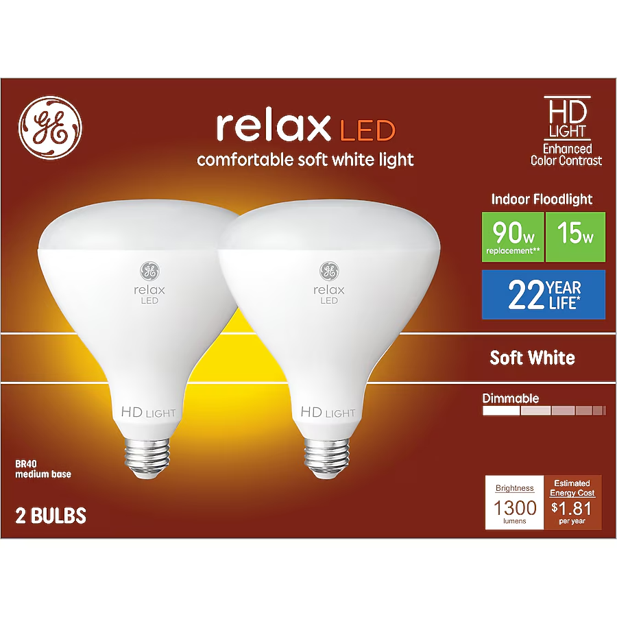 GE Relax 90w Replacement 15w LED HD Indoor Flood Bulbs BR40 Medium Base - 2-Pack