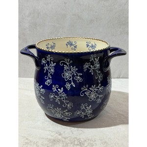 Temp-tations by Tara Floral Lace Cobalt Blue Ceramic Crock with Handles