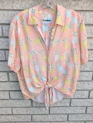 Tipsy Elves Peach Pineapple Print Tie-Front Top Woman's Size Large Summer EUC