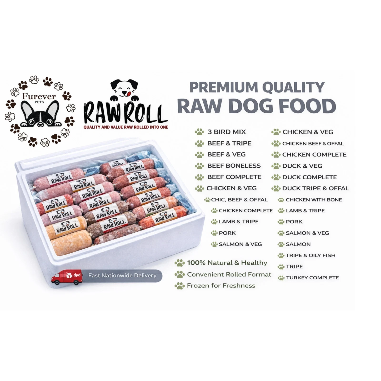 Raw Roll Budget Quality Frozen Barf Dog Food Meat 80|10|10 NO CHICKEN