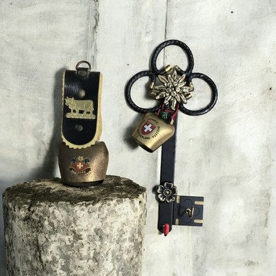 Vintage Swiss Folk Art Set   Lucerne Cowbell & Edelweiss Key Rack   Alpine Decor