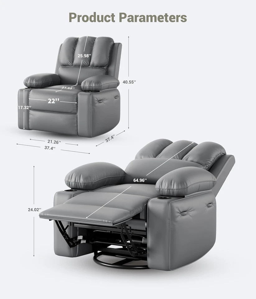 Silla reclinable de cuero PU de rotación manual 360° con portavasos de 22"" de ancho de asiento Foto 3 de 4