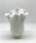 Vintage Hobnail White Milk Glass Handkerchief Swung Vase Footed 6.5  inches