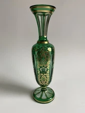 Vintage Bohemian Moser Green Crystal Cut to Clear Gold Floral Vase 12.5”H ~RARE~