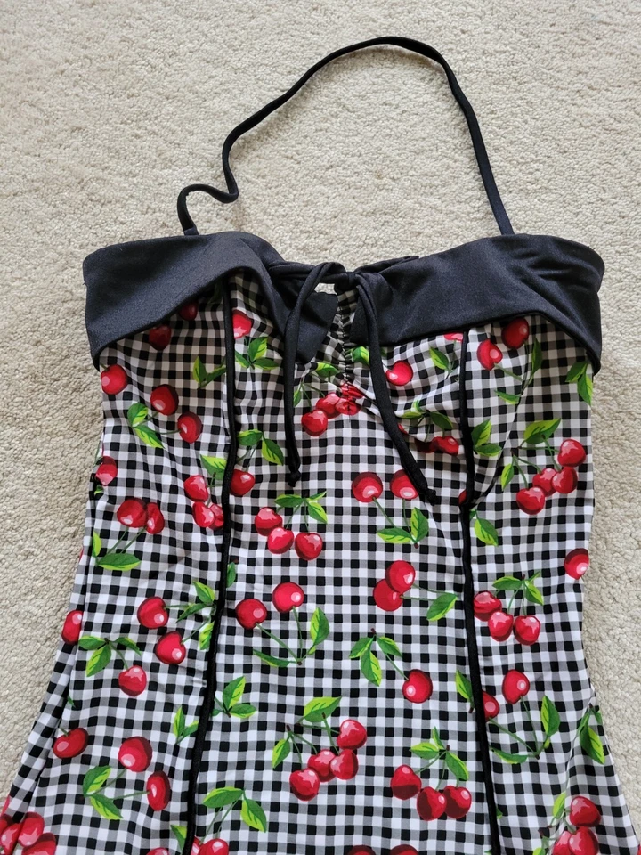 Bettie Page Pin Up Black White Gingham Cherry Print 1pc Women's Swimsuit Sz 8 - Image 2 of 4