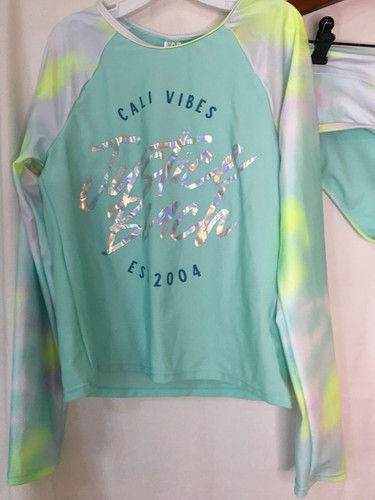 NWT Justice Girl Rash Guard SET 2 pc Tie Dye Mint Neon Swimsuit UPF 50+ many sz - Picture 2 of 4
