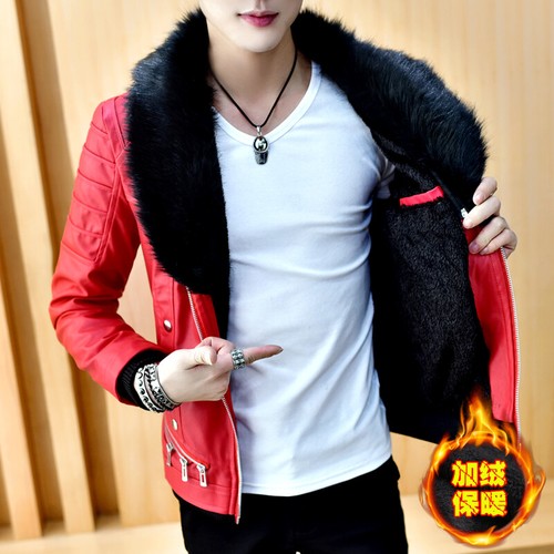 Winter Motorcycle PU Leather Jacket Mens Handsome Plus Velvet Thicken Fur Collar - Bild 3 von 26