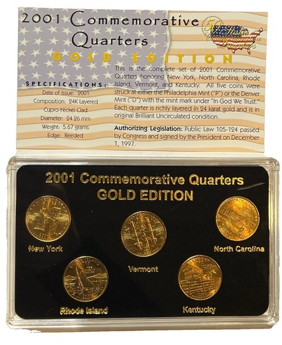 2001 GOLD 24K Clad U.S Mint State Quarters Complete Set of 5 Coins 