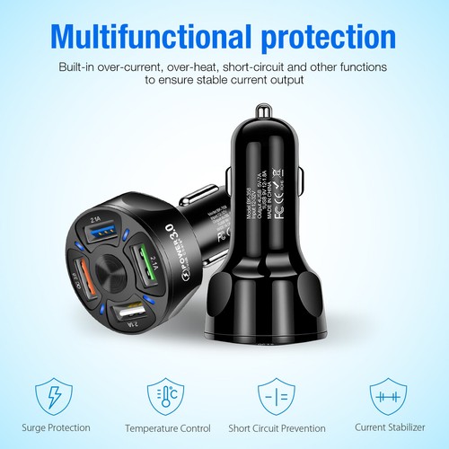 4 USB Phone Car Charger Adapter LED Display QC 3.0 Fast Charging Car