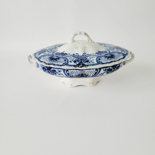Antique J&G Meakin York Flow Blue Covered Dish Gold Accents Floral Swag England - Picture 16 of 18