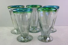 5 Hand Blown Stemware V-Shaped Glasses All Iridescent Green & Blue Band Luster 
