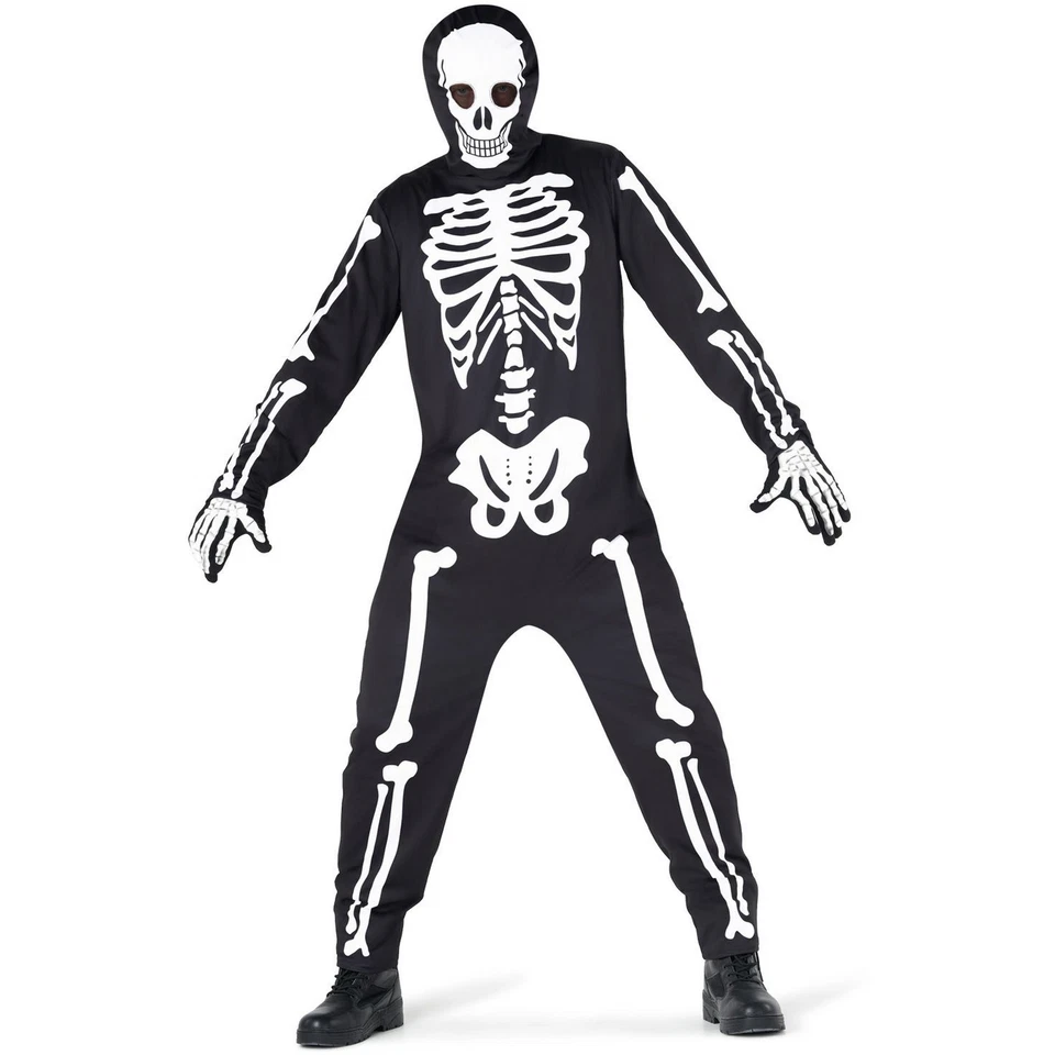 Adult Skeleton Jumpsuit Costume M - XXL Mens Scary Halloween Hooded Bodysuit - Image 2 of 4