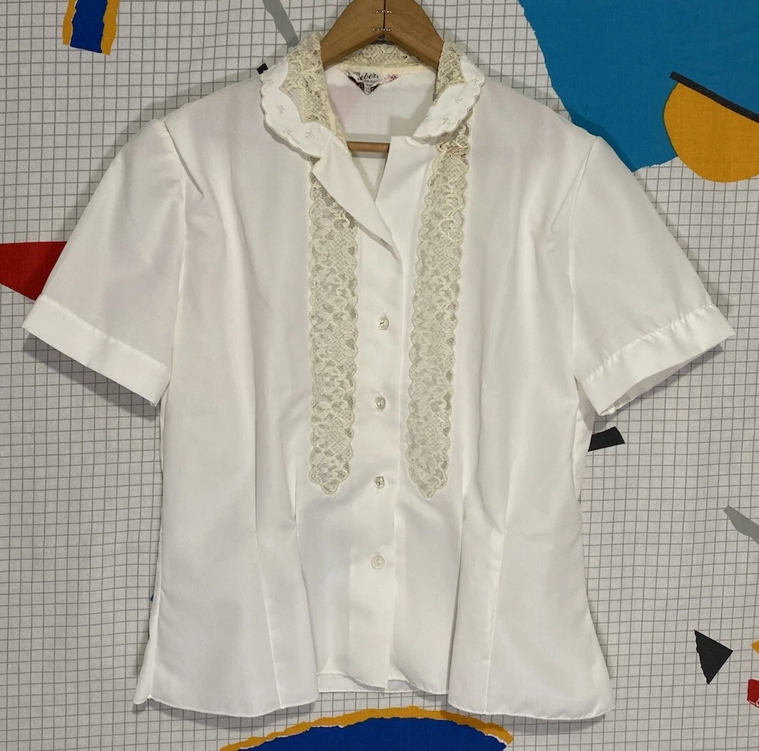 Vintage 60s Weber Lace Blouse Shirt Medium Cottagecore Victorian Loop Collar