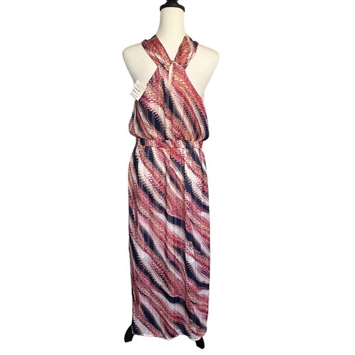 CHELSEA 28 Halter Maxi Dress M Medium Pink Abstract Print Lined Lightweight - Picture 5 of 15