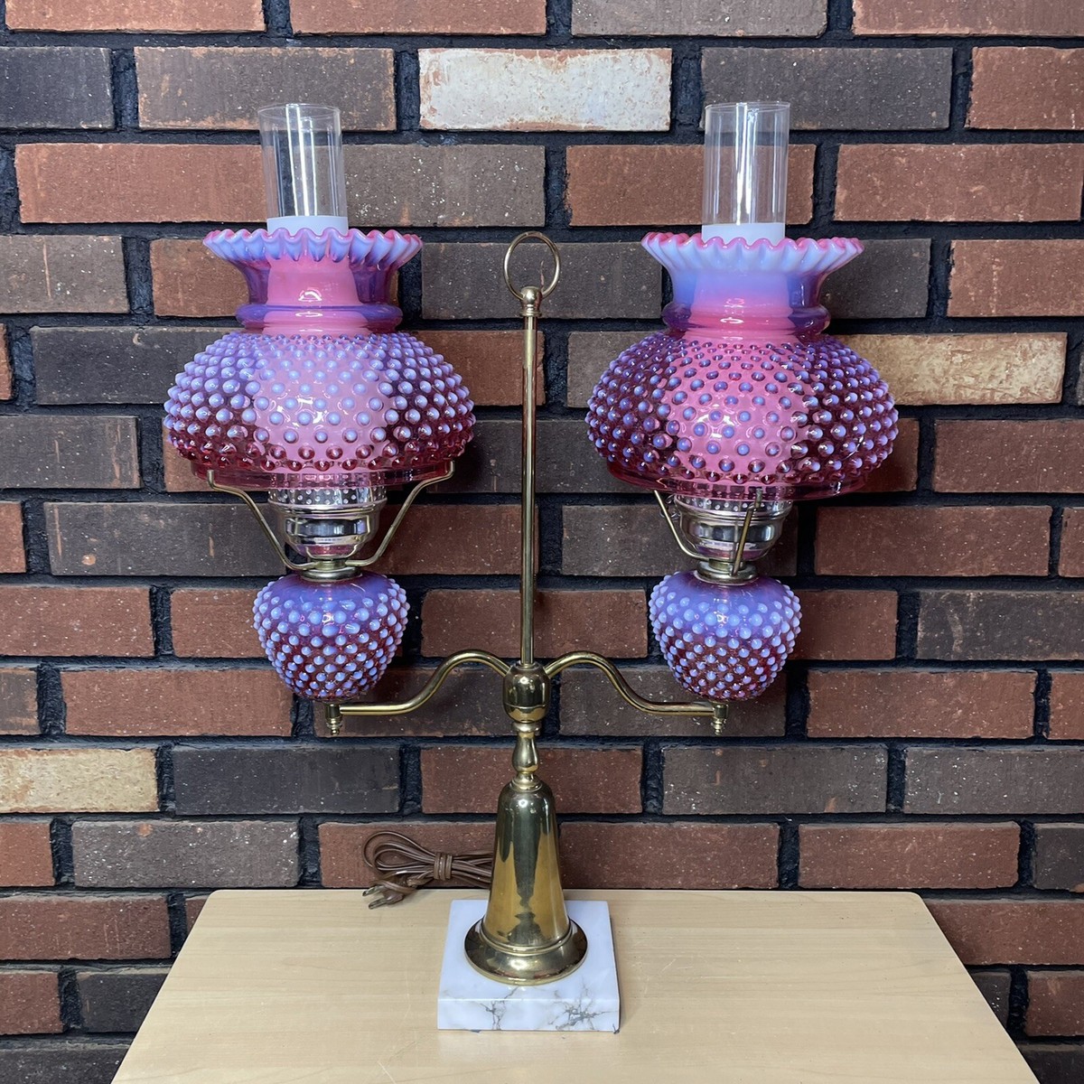 RARE Fenton Cranberry Opalescent Glass Hobnail Double Student Lamp