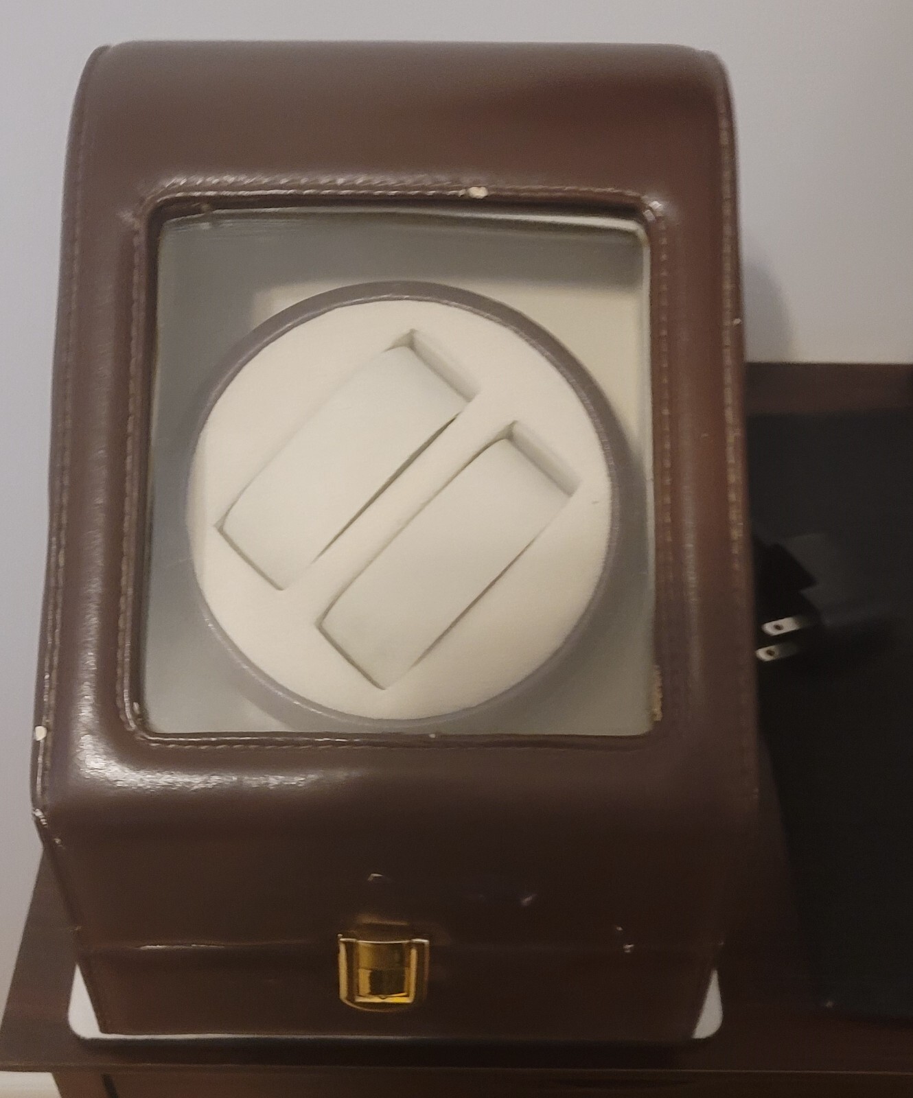 Kendal watch winder for 2 watches brown upholstery cover with acrylic