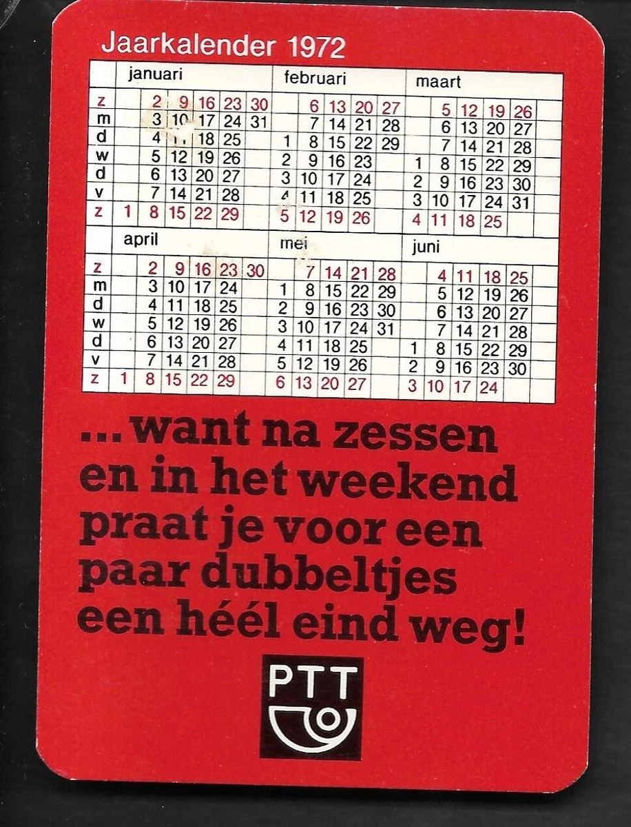 AK580:PTT Dutch Post Office Jaarkalendar Calendar Wallet Card 1972 Holland  | eBay