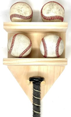 Natural Wood Full Size Baseball Bat Rack Display 4 Baseballs Holder Wall Mount (609465659060)