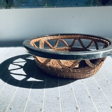 Vintage Basket Intricately Woven Round Pine Needle Nickel Silver Rim