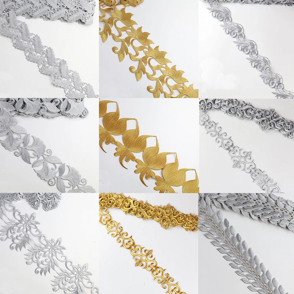 Metallic Gold Silver Ribbon Embroidered Lace Applique DIY Cosplay Costume Decor - Image 3 of 4
