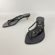 Prada | Auth Vintage Black Leather Gold Buckle Thong Kitten Heels (34.5)