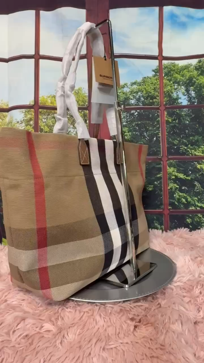 NWT Burberry Check Canvas Medium London Tote Bag Taupe Brown