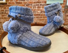 MUK LUKS Light Blue Michelle Cable Knit Slipper Boot Faux Fur Lining M New