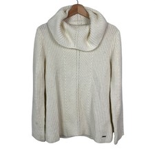 Tahari Womens Cowl Neck Ribbed Knit Wool Blend Sweater Cream Ivory Size Medium