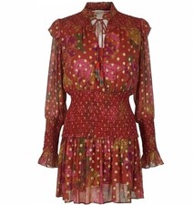 NWT Farm Rio Small Mini Dress Floral Polka Dot Maroon Gold Boho Tropical Chic