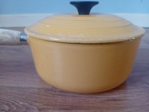 Le Creuset Kochtopf Gusseisen Pfanne 18 cm gelb mit Deckel Vintage Holzgriff... - Bild 17 von 24