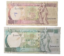 Malta 2 & 10 Liri 1967 (1994) Lady Malta, 2 Banknotes Set Vintage Currency Lot
