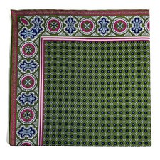 Olive Green  Pink Floral Silk Pocket Square Handmade in England 
