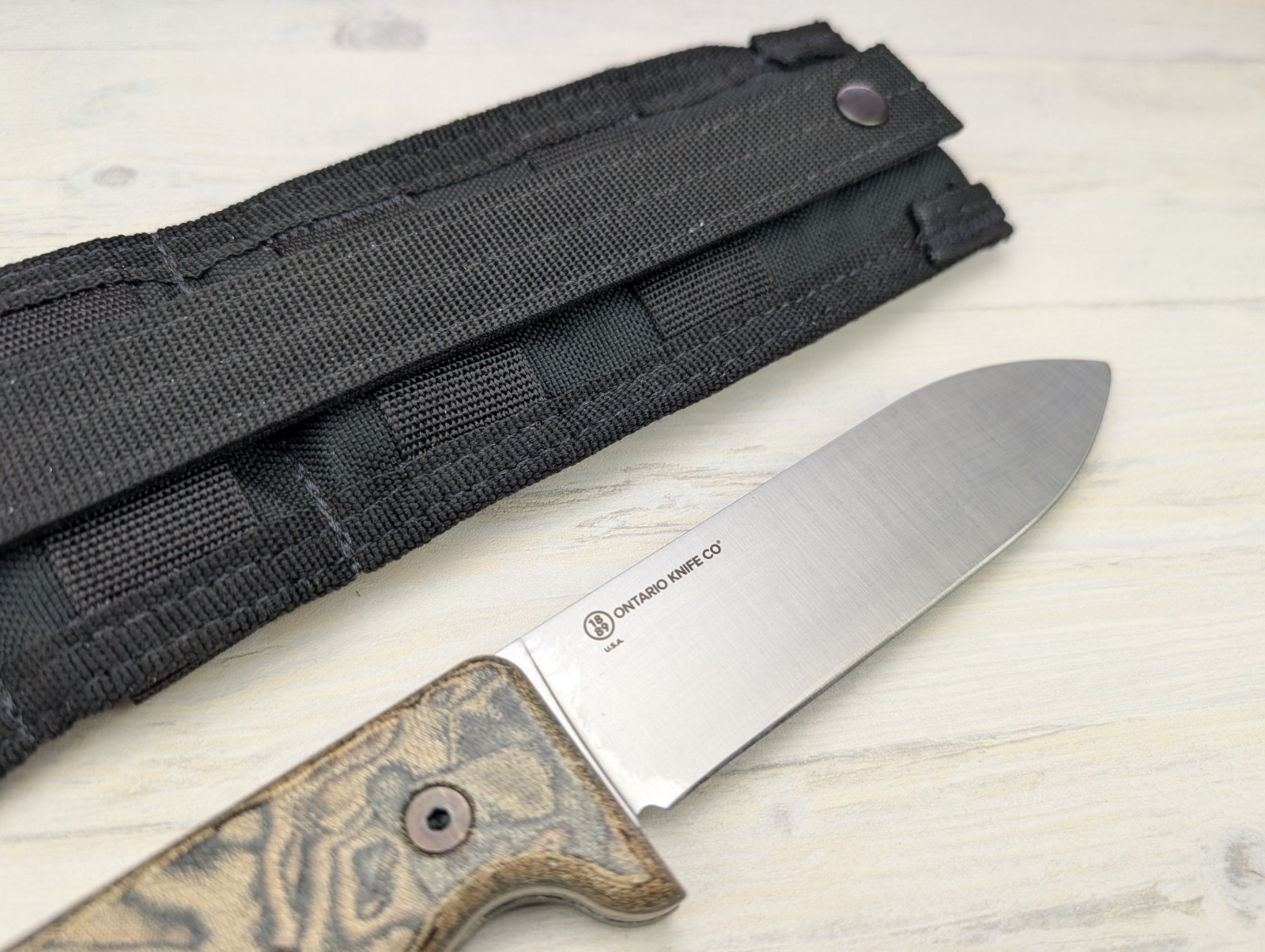 Ontario Black Bird ML5 Fixed Blade Knife Camo Micarta Handle Nylon Belt Sheath