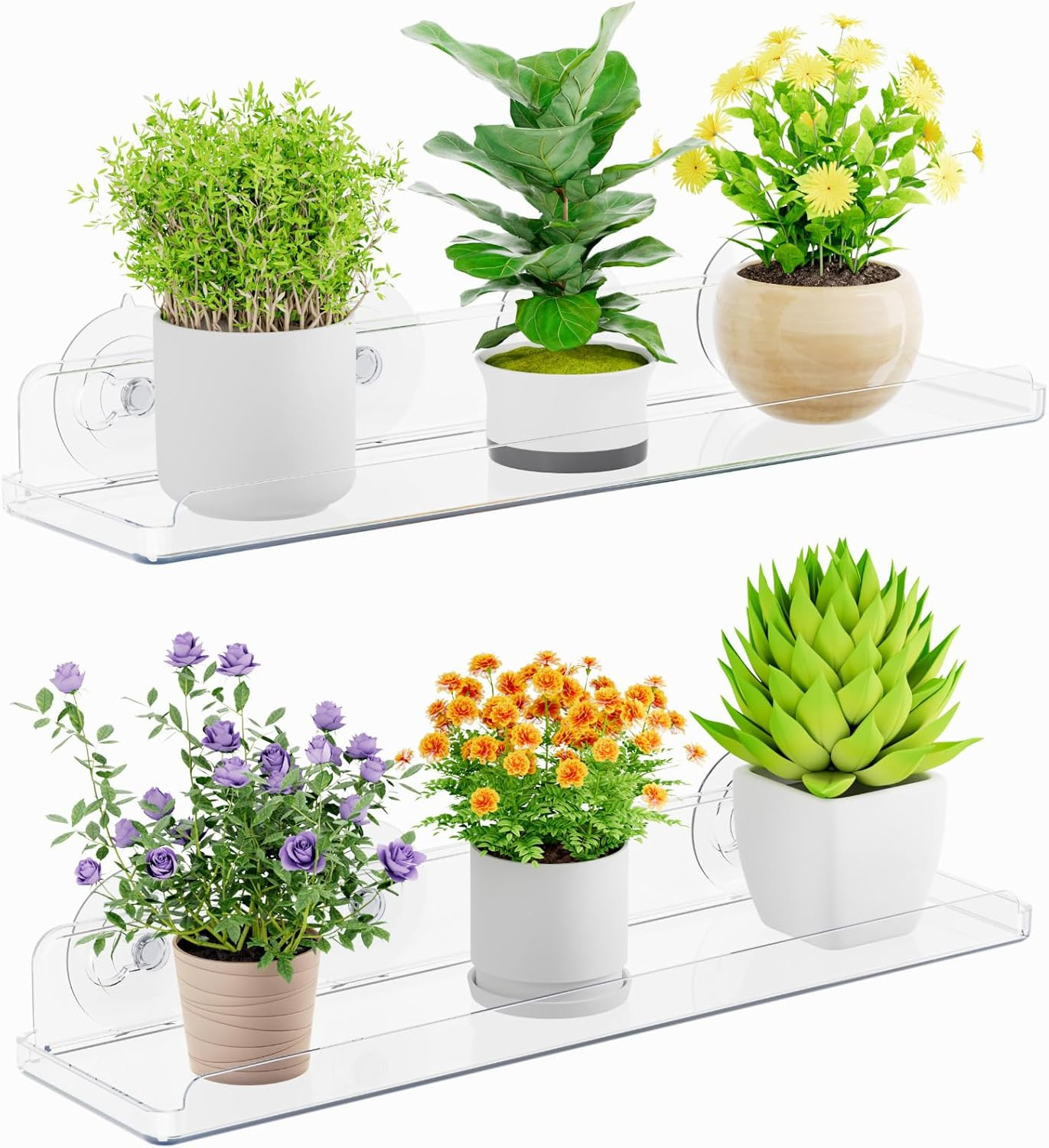 2-Pack Acrylic Window Plant Shelves, 14.6 x 3.6 inch, Suction Cup Sill Extender