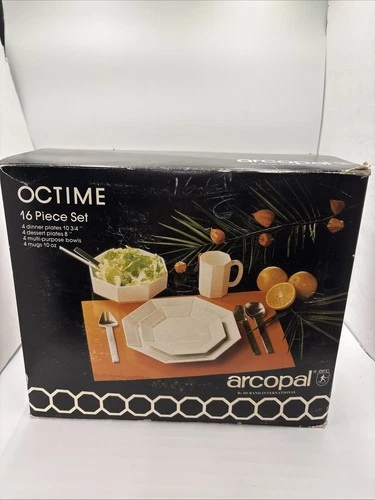 Arcopal France 16pcs Octime White Milk Glass Mugs-Dinner-Dessert Plates-Bowls