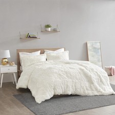 Malea Shaggy Duvet with Quilted Box Design, Long Faux Fur Comforter Cover Coz...