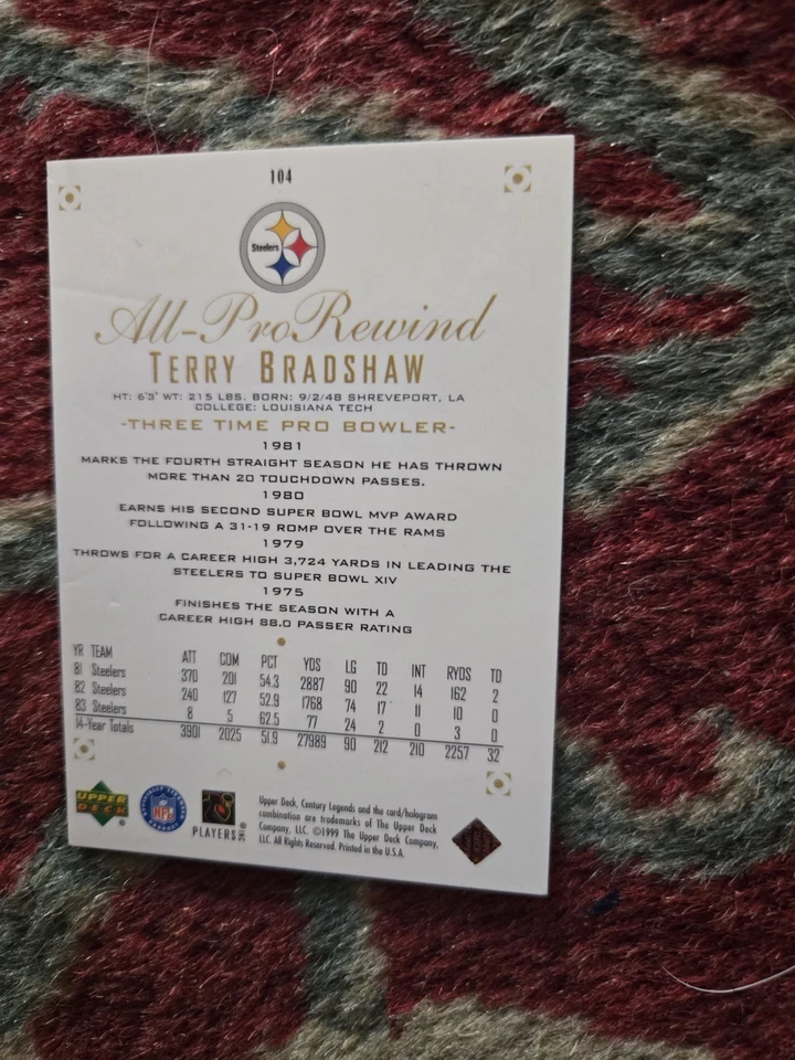 Tarjeta autografiada 1999 Upper Deck All Pro Rewind #184 Terry Bradshaw Steelers Salón de la fama Foto 3 de 3