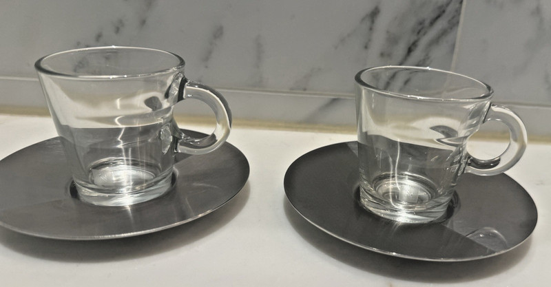NESPRESSO View Espresso Cups Saucers Glass Stainless 2 Cups Demitasse EUC