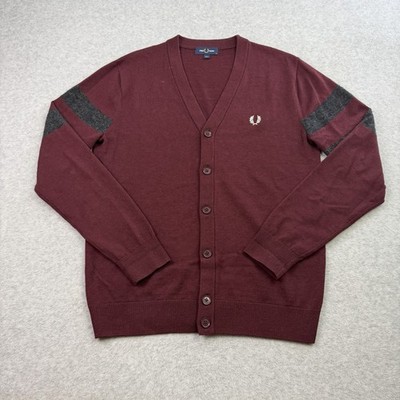 Fred Perry Cardigan Mens Medium Red Wool Cotton Blend Knit Sweater