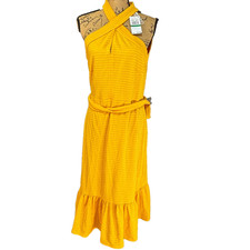 Michael Kors Women's Sleeveless hanley crosover Dress Yellow Sz Large flare knit